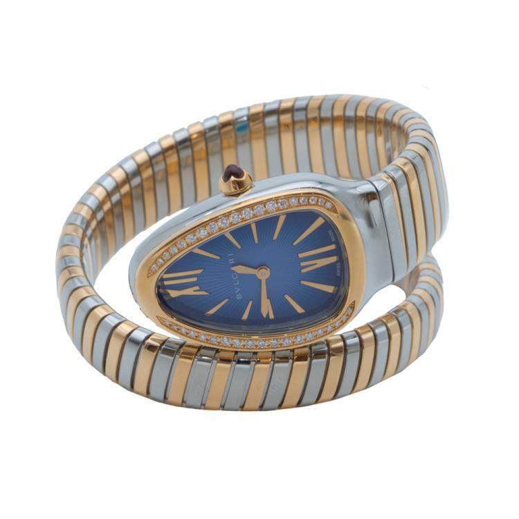Pre Owned Bvlgari Blue Dial Serpenti Steel & Rose Gold Diamond Bezel Watch