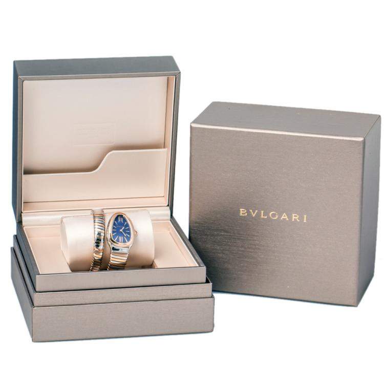 Pre Owned Bvlgari Blue 18K Rose Gold and Stainless Steel Serpenti Tubogas Women's Wristwatch 35 mm
