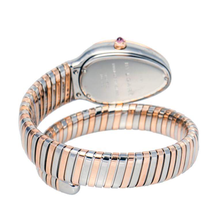 Pre Owned Bvlgari Blue 18K Rose Gold and Stainless Steel Serpenti Tubogas Women's Wristwatch 35 mm