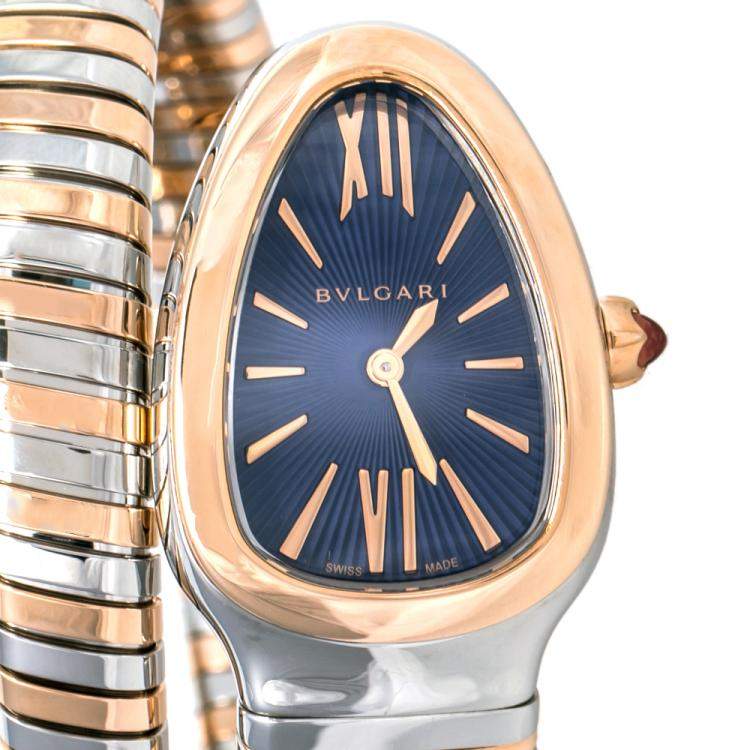 Pre Owned Bvlgari Blue 18K Rose Gold and Stainless Steel Serpenti Tubogas Women's Wristwatch 35 mm