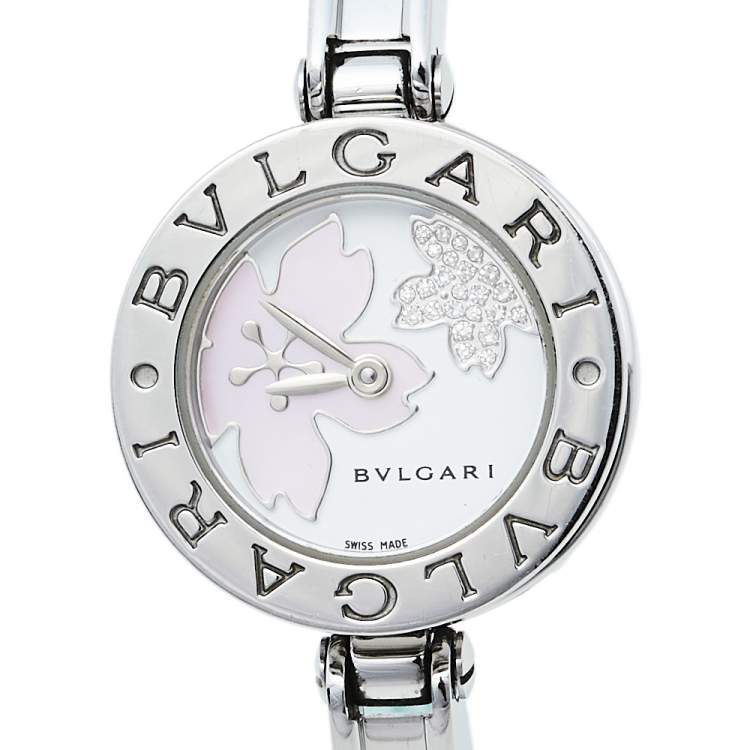 Pre Owned Bvlgari White Mother of Pearl Flower Motif Stainless Steel Diamonds B.Zero1 BZ22S Women's Wristwatch 22 mm