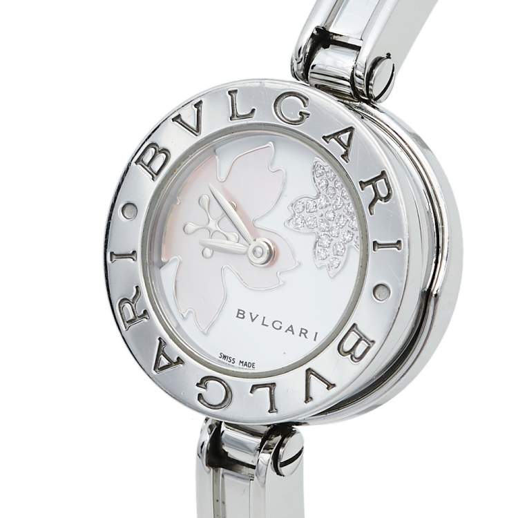 Pre Owned Bvlgari White Mother of Pearl Flower Motif Stainless Steel Diamonds B.Zero1 BZ22S Women's Wristwatch 22 mm