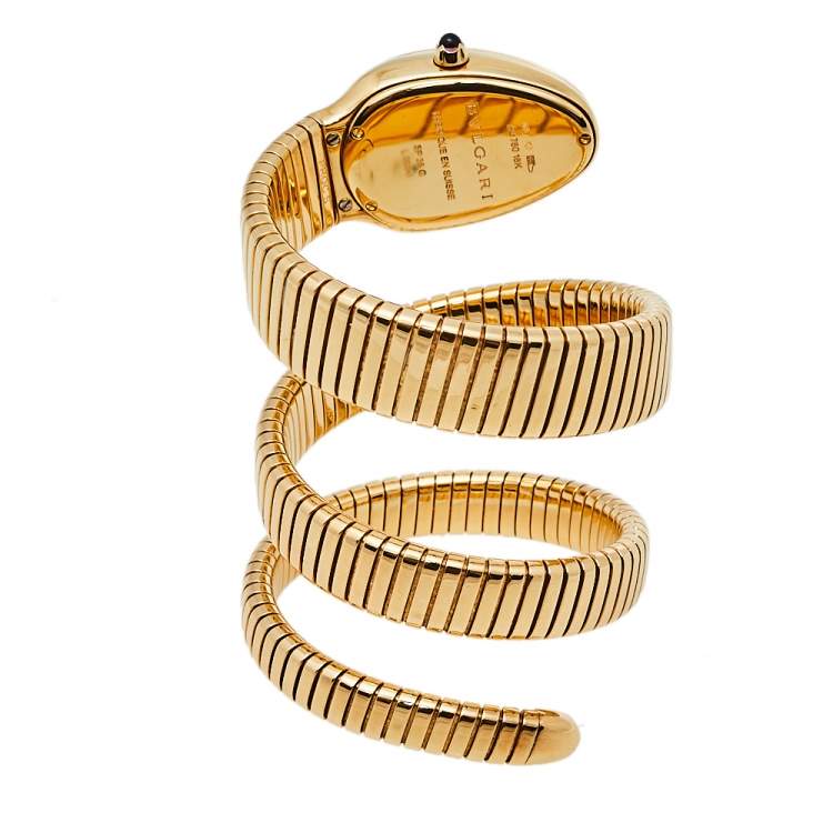 Pre Owned Bvlgari Silver Opaline Guilloché Soleil 18K Yellow Gold Diamonds Serpenti Tubogas SP 35 G Women's Wristwatch 35 MM