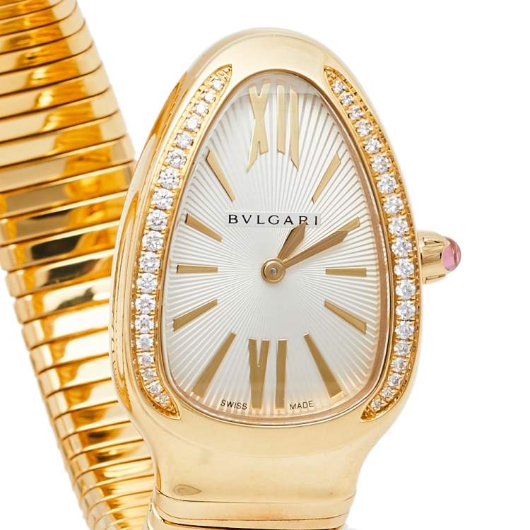 Pre Owned Bvlgari Silver Opaline Guilloché Soleil 18K Yellow Gold Diamonds Serpenti Tubogas SP 35 G Women's Wristwatch 35 MM