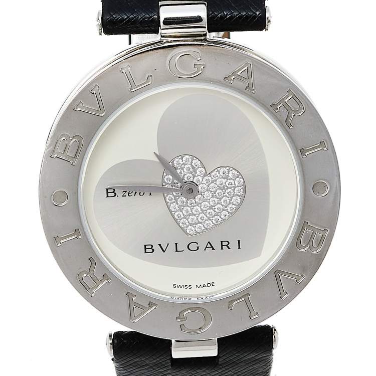 Pre Owned Bvlgari Silver Stainless Steel Diamond Heart Motif B.Zero1 BZ 35 S Women's Wristwatch 35 mm
