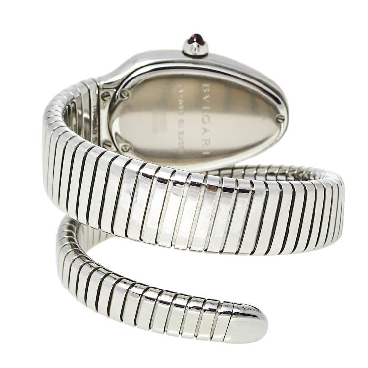 Pre Owned Bvlgari Silver Guilloché Soleil Stainless Steel Diamond Serpenti Tubogas SP 35 S Women's Wristwatch 35 mm