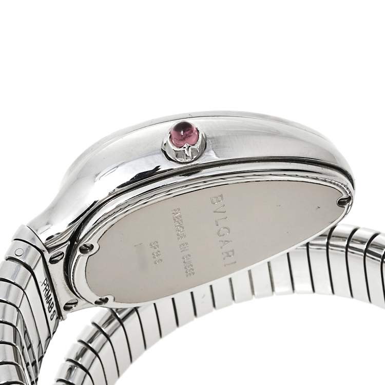Pre Owned Bvlgari Silver Guilloché Soleil Stainless Steel Diamond Serpenti Tubogas SP 35 S Women's Wristwatch 35 mm