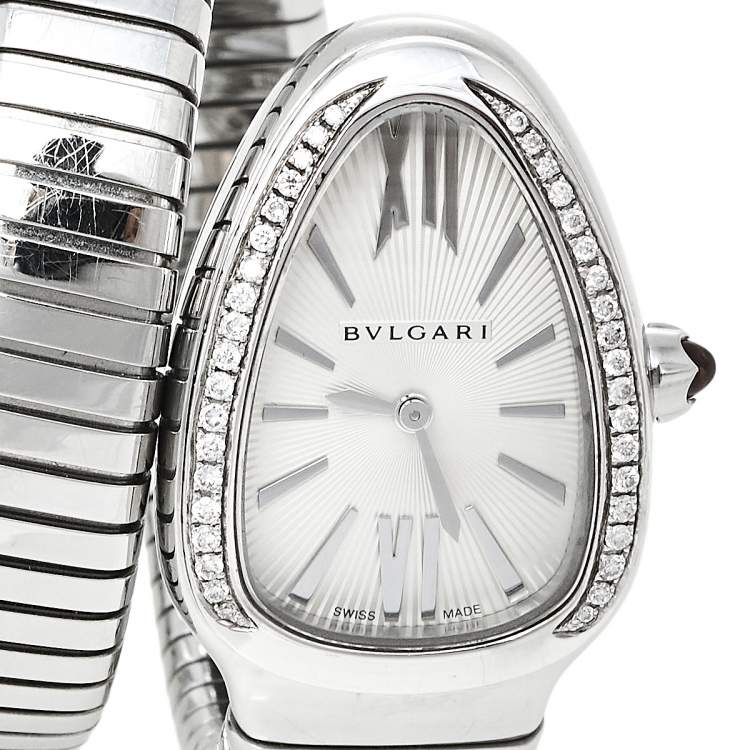 Pre Owned Bvlgari Silver Guilloché Soleil Stainless Steel Diamond Serpenti Tubogas SP 35 S Women's Wristwatch 35 mm