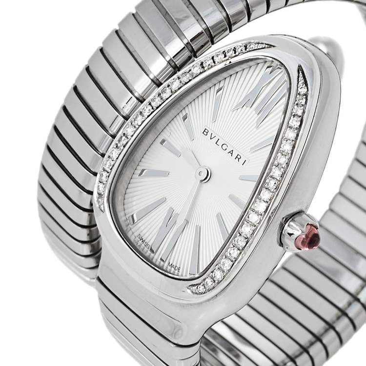 Pre Owned Bvlgari Silver Guilloché Soleil Stainless Steel Diamond Serpenti Tubogas SP 35 S Women's Wristwatch 35 mm