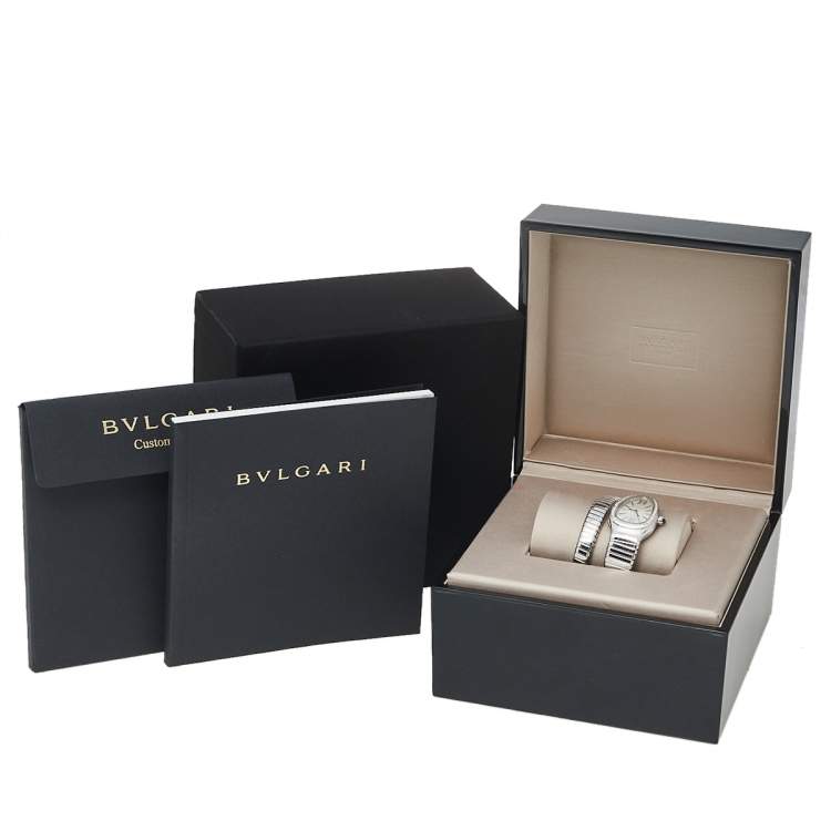 Pre Owned Bvlgari Silver Guilloché Soleil Stainless Steel Diamond Serpenti Tubogas SP 35 S Women's Wristwatch 35 mm