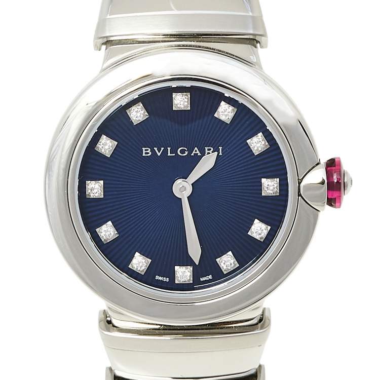 Pre Owned Bvlgari Blue Stainless Steel Diamond Lvcea LU 28 S Women's Wristwatch 28 mm