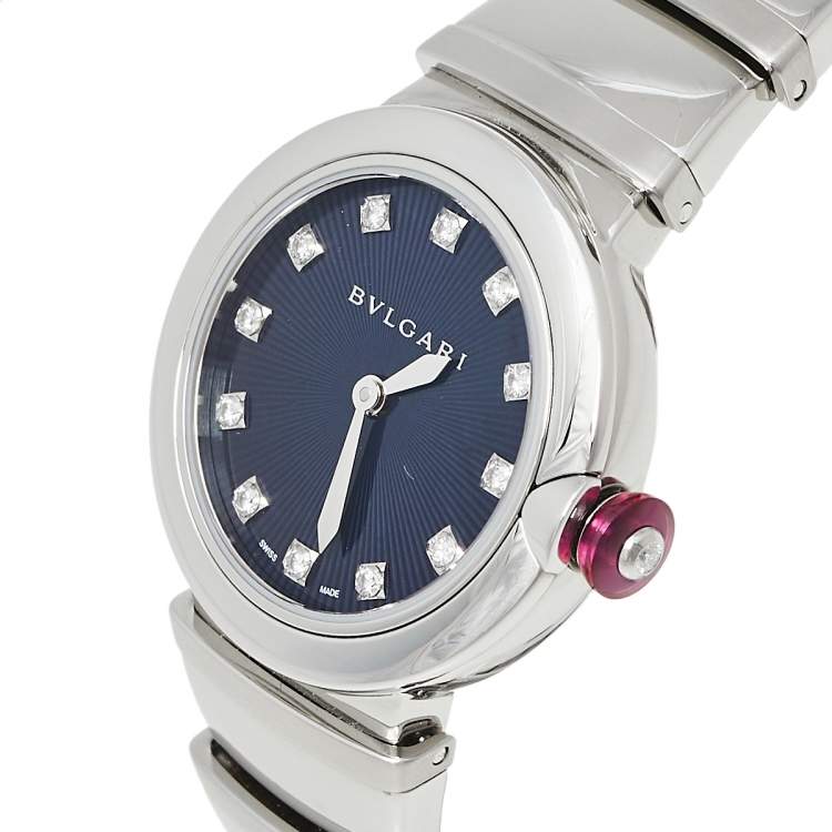 Pre Owned Bvlgari Blue Stainless Steel Diamond Lvcea LU 28 S Women's Wristwatch 28 mm