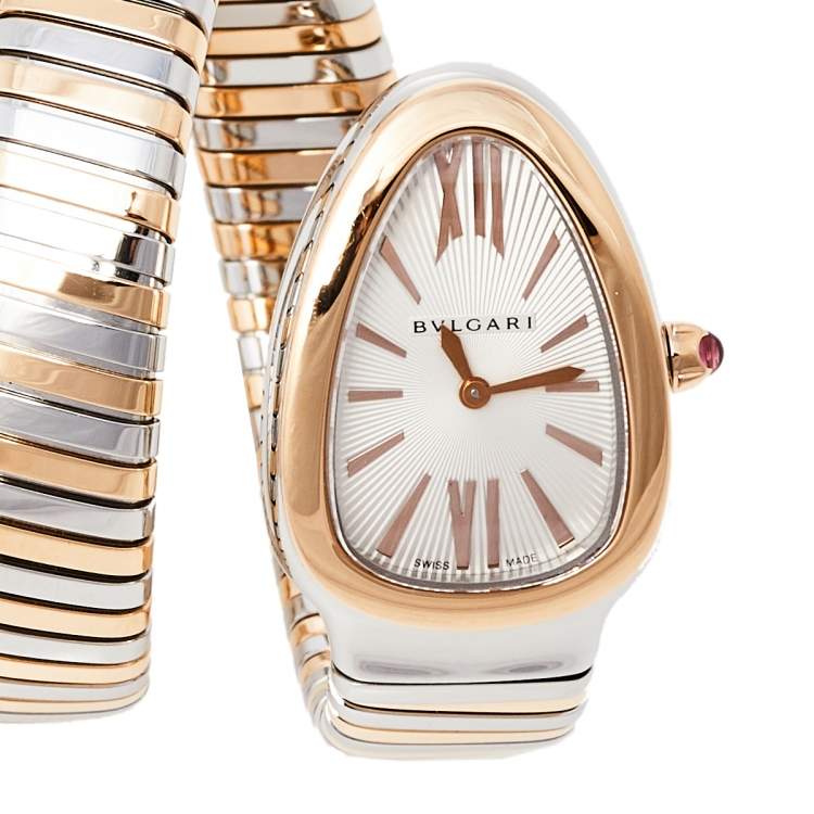 Pre Owned Bvlgari Silver 18K Rose Gold and Stainless Steel Serpenti Tubogas 102236 Women's Wristwatch 35 mm
