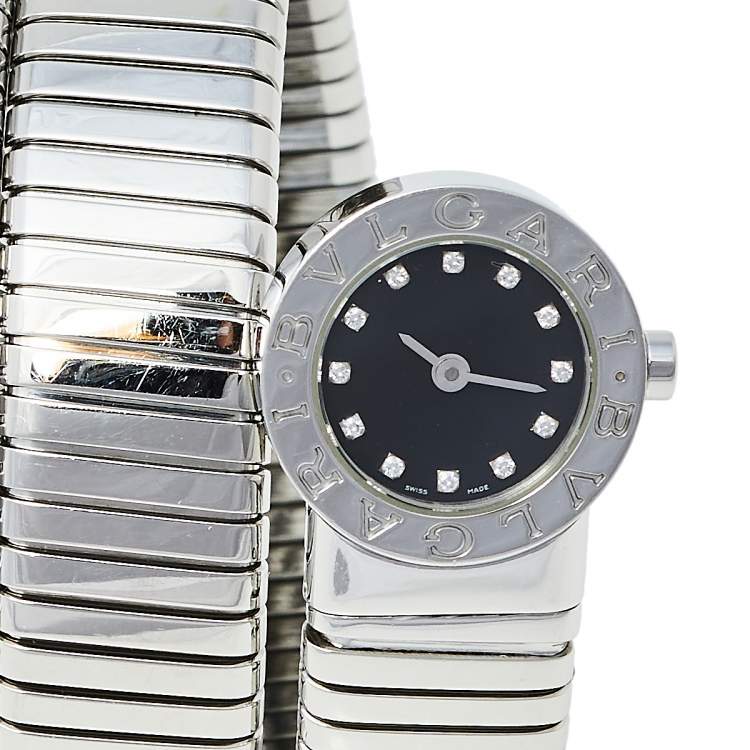 Pre Owned Bvlgari Black Stainless Steel Diamonds Tubogas BB 19 1TS Women's Wristwatch 19 mm