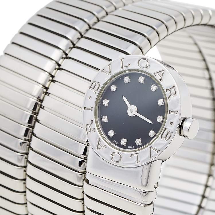 Pre Owned Bvlgari Black Stainless Steel Diamonds Tubogas BB 19 1TS Women's Wristwatch 19 mm