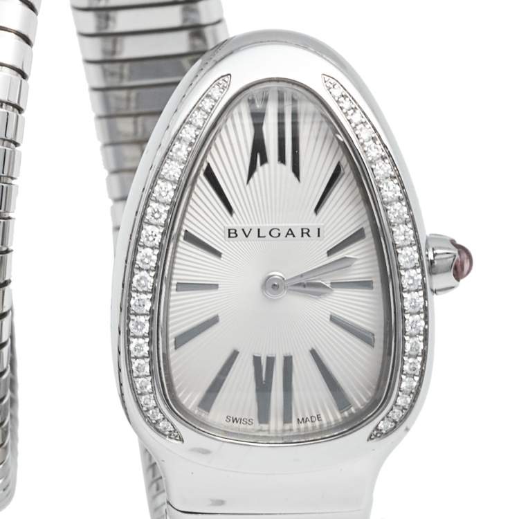 Pre Owned Bvlgari Silver Opaline Guilloché Soleil Stainless Steel Diamond Serpenti Tubogas 101816 Women's Wristwatch 23 mm