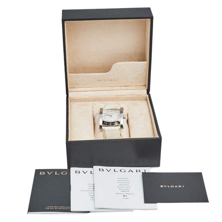 Pre Owned Bvlgari Mother of Pearl Diamond Stainless Steel Leather Assioma AA 44 S Women's Wristwatch 34 mm