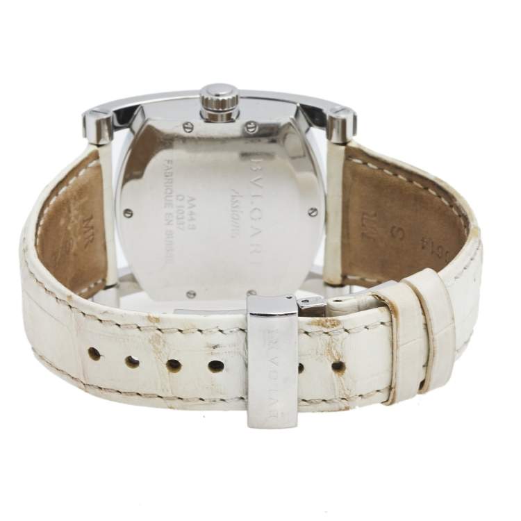 Pre Owned Bvlgari Mother of Pearl Diamond Stainless Steel Leather Assioma AA 44 S Women's Wristwatch 34 mm