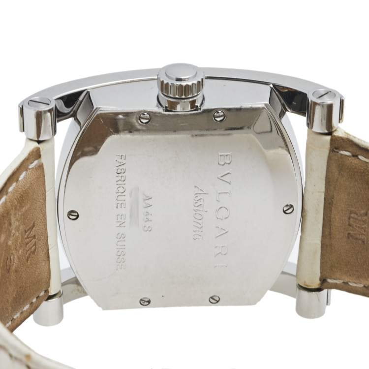 Pre Owned Bvlgari Mother of Pearl Diamond Stainless Steel Leather Assioma AA 44 S Women's Wristwatch 34 mm