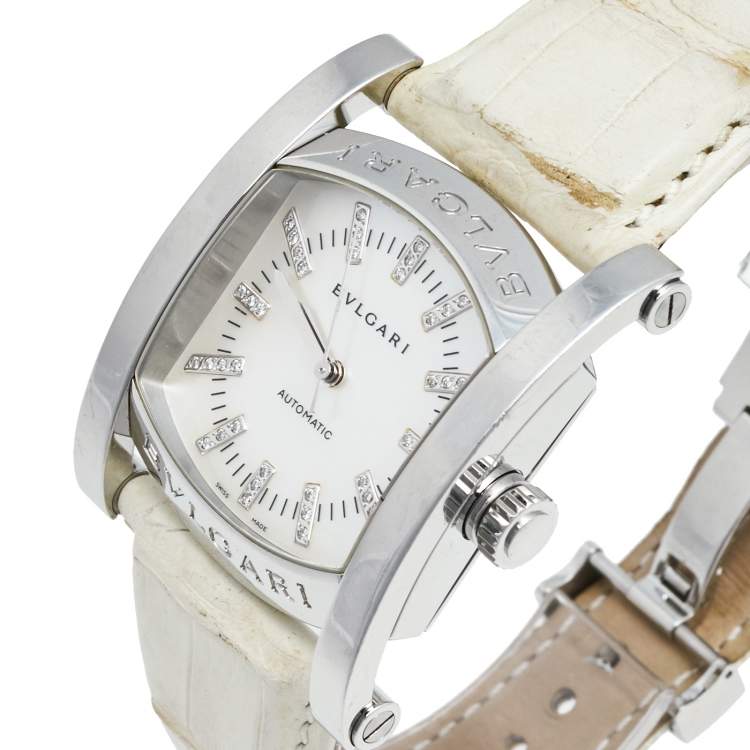 Pre Owned Bvlgari Mother of Pearl Diamond Stainless Steel Leather Assioma AA 44 S Women's Wristwatch 34 mm