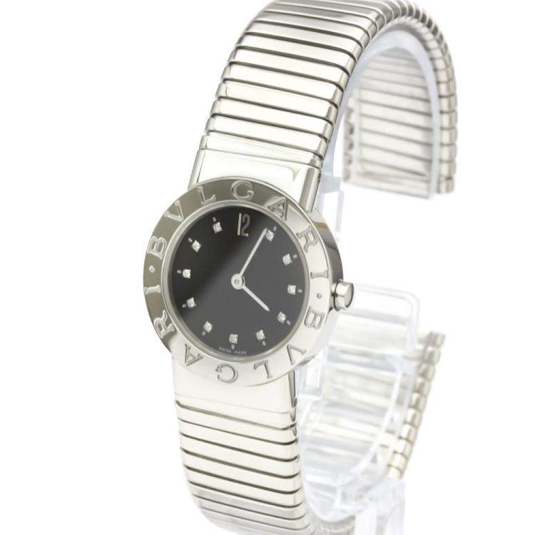 Pre Owned Bvlgari Black Diamonds Stainless Steel Tubogas BB26 2TS Quartz Women's Wristwatch 26 MM