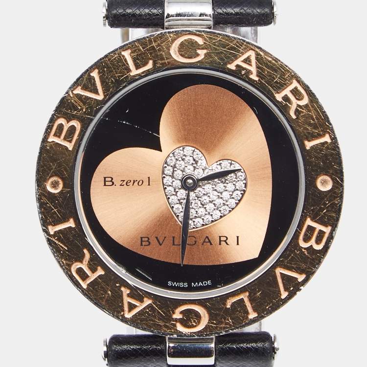 مملوكة مسبقًا Bvlgari Double Heart Diamond 18k Rose Gold Stainless Steel Leather B.zero1 BZP35S Women's Wristwatch 35 mm