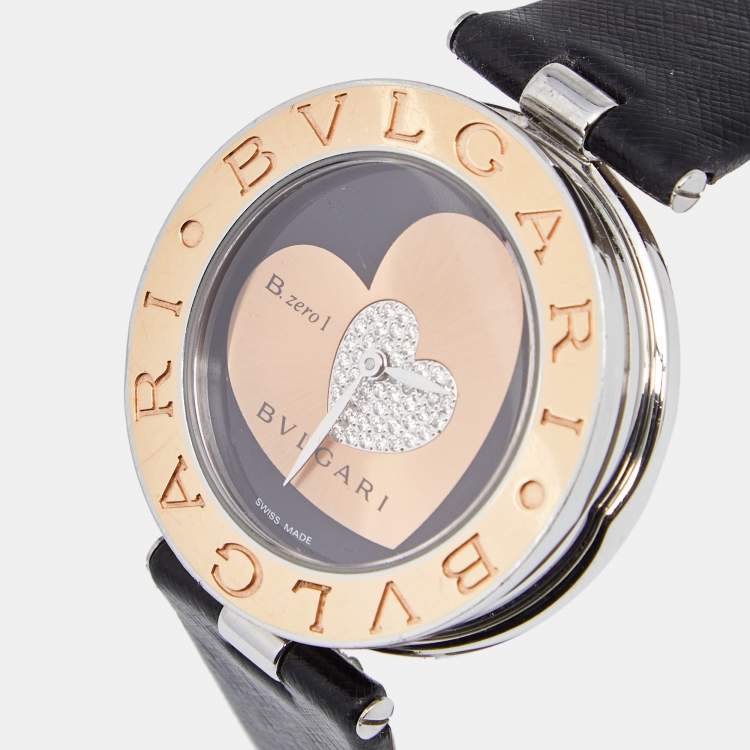 مملوكة مسبقًا Bvlgari Double Heart Diamond 18k Rose Gold Stainless Steel Leather B.zero1 BZP35S Women's Wristwatch 35 mm