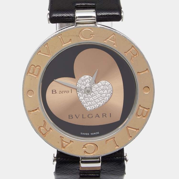 Pre Owned Bvlgari Black Heart Diamond Pave 18K Rose Gold Stainless Steel Leather B.Zero1 BZP35S Women's Wristwatch 35 mm