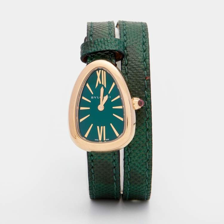 Pre Owned Bvlgari Green 18K Rose Gold Karung Skin Leather Serpenti 102726 Women's Wristwatch 27 mm