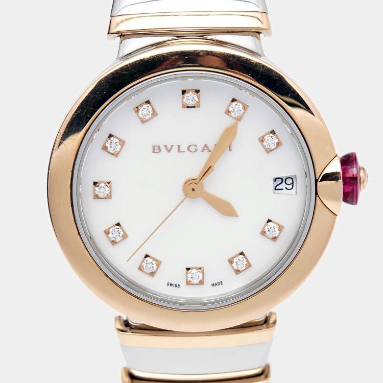Pre Owned Bvlgari Mother of Pearl Diamond 18k Rose Gold Stainless Steel Lvcea 102198 Women's Wristwatch 33 mm 