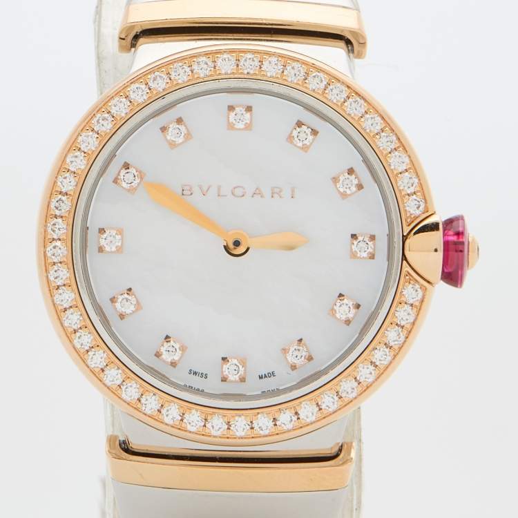 Pre Owned Bvlgari Mother of Pearl 18k Rose Gold Stainless Steel Lvcea 102475 Women's Wristwatch 28 mm 