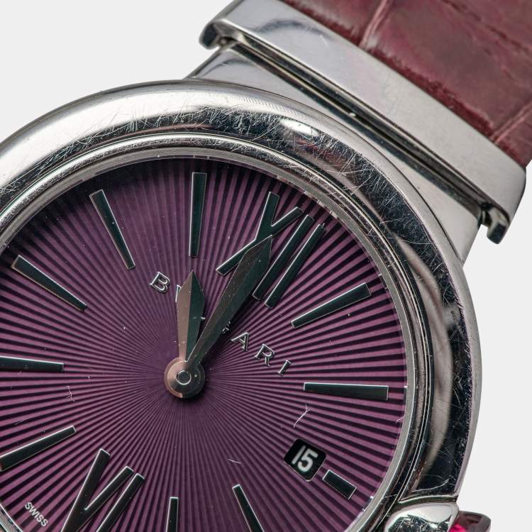 Pre Owned Bvlgari Purple Stainless Steel Alligator Leather Lvcea 102566 Women's Wristwatch 28 mm