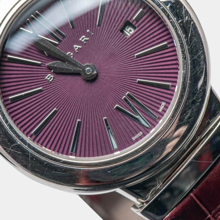 Pre Owned Bvlgari Purple Stainless Steel Alligator Leather Lvcea 102566 Women's Wristwatch 28 mm
