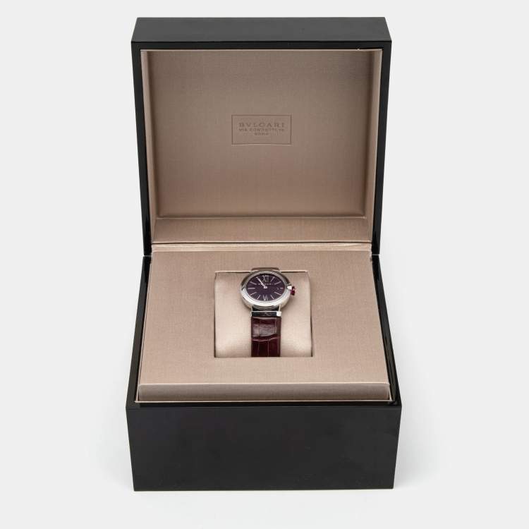 Pre Owned Bvlgari Purple Stainless Steel Alligator Leather Lvcea 102566 Women's Wristwatch 28 mm