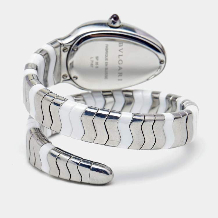 Pre Owned Bvlgari White Ceramic Stainless Steel Serpenti Spiga 102182 Women's Wristwatch 35 mm 
