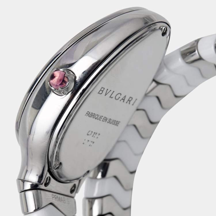 Pre Owned Bvlgari White Ceramic Stainless Steel Serpenti Spiga 102182 Women's Wristwatch 35 mm 