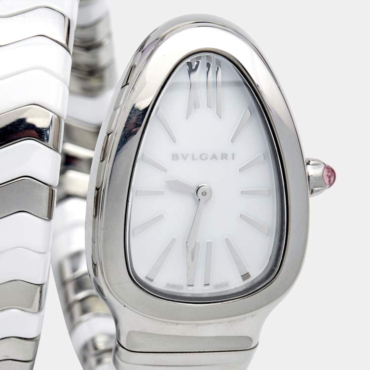 Pre Owned Bvlgari White Ceramic Stainless Steel Serpenti Spiga 102182 Women's Wristwatch 35 mm 