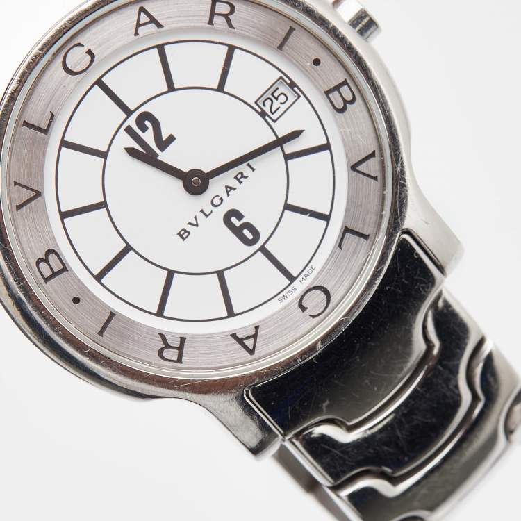Pre Owned Bvlgari White Stainless Steel Solotempo ST35S Unisex Wristwatch 35 mm