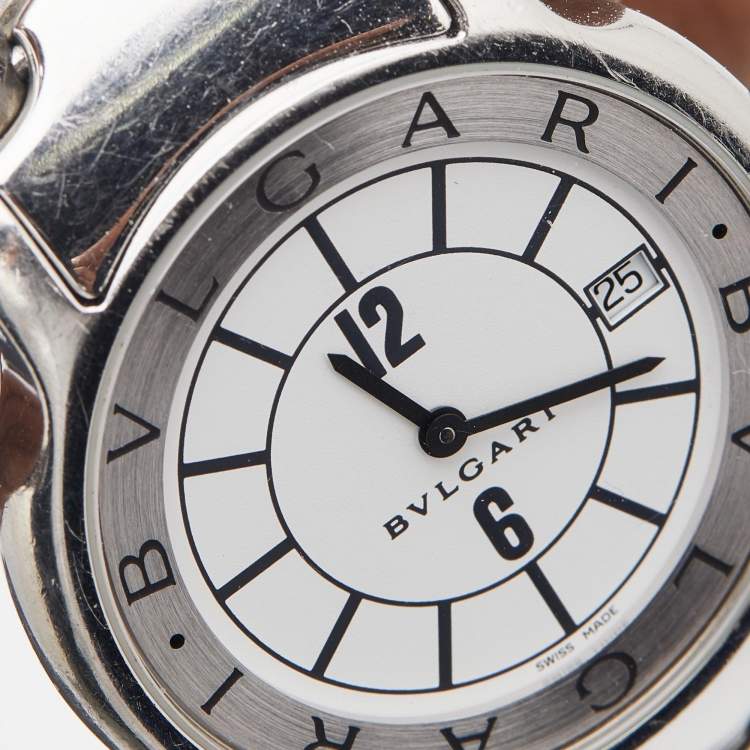 Pre Owned Bvlgari White Stainless Steel Solotempo ST35S Unisex Wristwatch 35 mm