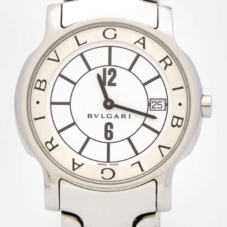 Pre Owned Bvlgari White Stainless Steel Solotempo ST35S Unisex Wristwatch 35 mm