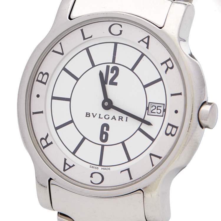 Pre Owned Bvlgari White Stainless Steel Solotempo ST35S Unisex Wristwatch 35 mm