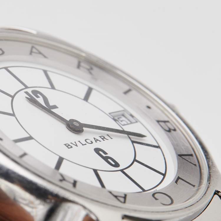 Pre Owned Bvlgari White Stainless Steel Solotempo ST35S Unisex Wristwatch 35 mm