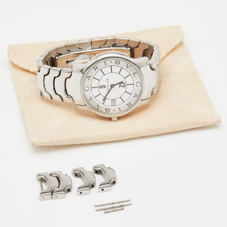 Pre Owned Bvlgari White Stainless Steel Solotempo ST35S Unisex Wristwatch 35 mm