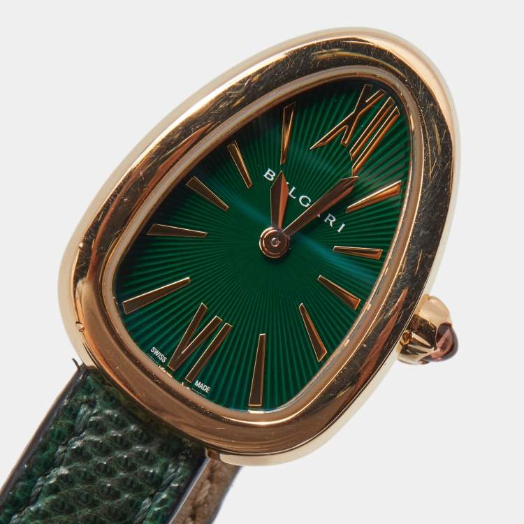 Pre Owned Bvlgari Green 18K Rose Gold Karung Skin Leather Serpenti 102726 Women's Wristwatch 27 mm