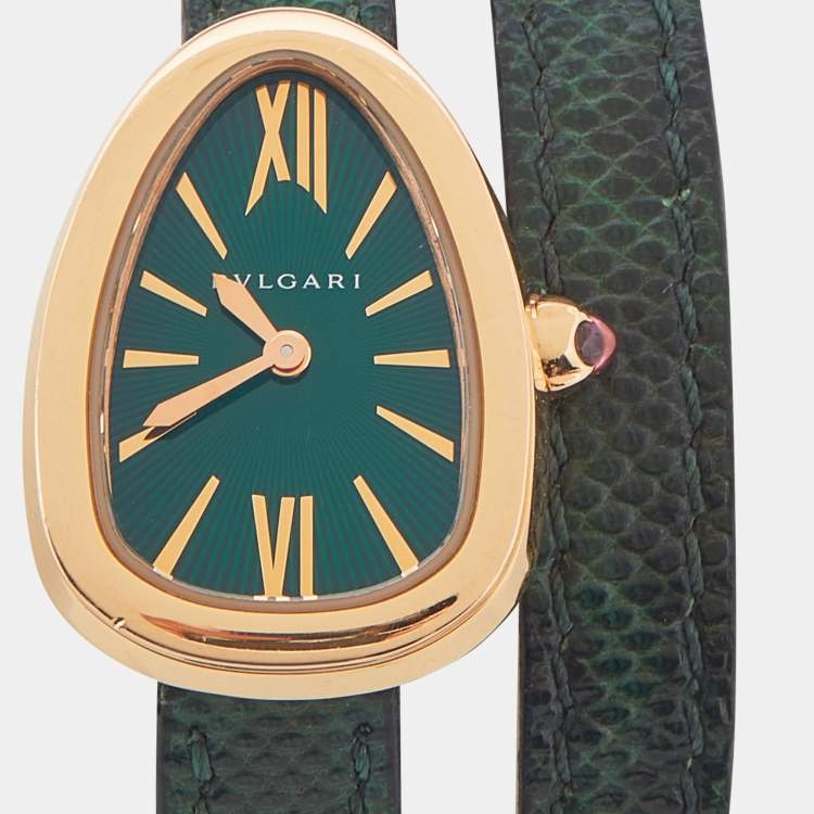 Pre Owned Bvlgari Green 18K Rose Gold Karung Skin Leather Serpenti 102726 Women's Wristwatch 27 mm