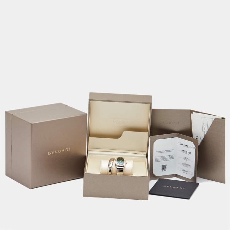 Pre Owned Bvlgari Green 18K Rose Gold Stainless Steel Diamond Serpenti Tubogas 102790 Women's Wristwatch 35 mm