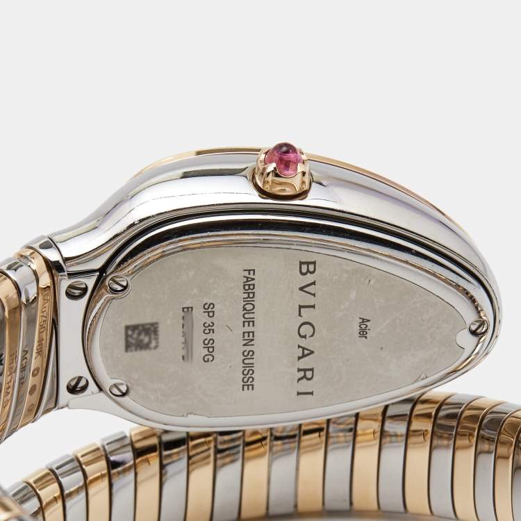 Pre Owned Bvlgari Green 18K Rose Gold Stainless Steel Diamond Serpenti Tubogas 102790 Women's Wristwatch 35 mm