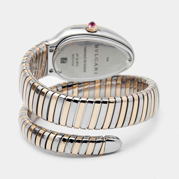 Pre Owned Bvlgari Green 18K Rose Gold Stainless Steel Diamond Serpenti Tubogas 102790 Women's Wristwatch 35 mm