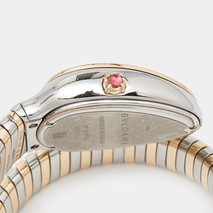 Pre Owned Bvlgari Green 18K Rose Gold Stainless Steel Diamond Serpenti Tubogas 102790 Women's Wristwatch 35 mm