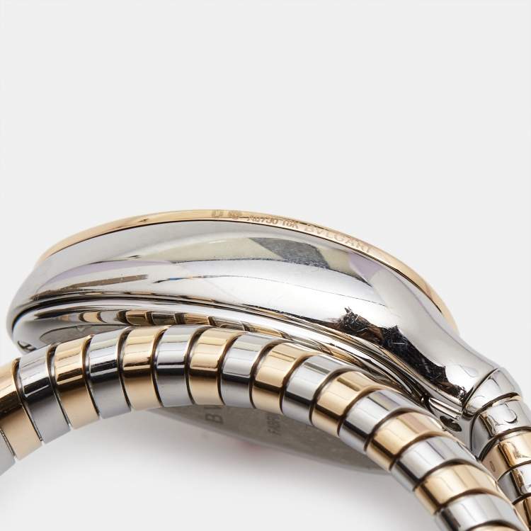 Pre Owned Bvlgari Green 18K Rose Gold Stainless Steel Diamond Serpenti Tubogas 102790 Women's Wristwatch 35 mm